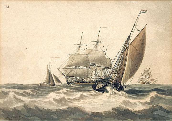 A Dutch Schuyt with a British Frigate beyond